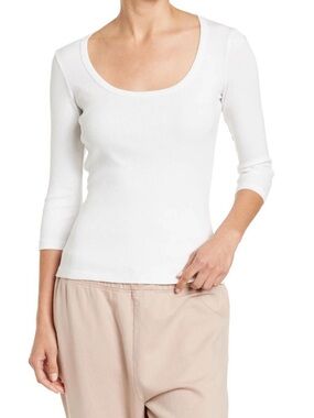 James Perse  Ribbed Knit U Scoop Neck 3/4 Long Sleeve Tee
T-Shirt - White